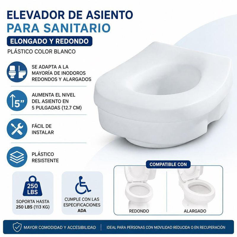 Elevador de Asiento para Sanitario Elongado y Redondo Plástico Color Blanco