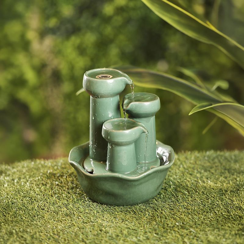Fuente Decorativa de 21 x 24 Cm Color Verde y Café con Luz Diseño 3 Caños