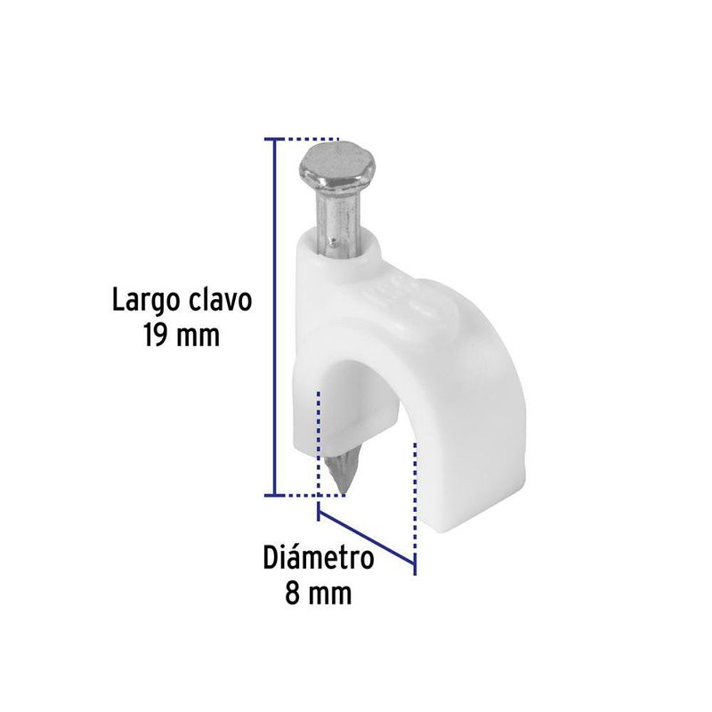 Grapa Blanca con Clavo de 8 mm 500 Unidades para Cable Redondo