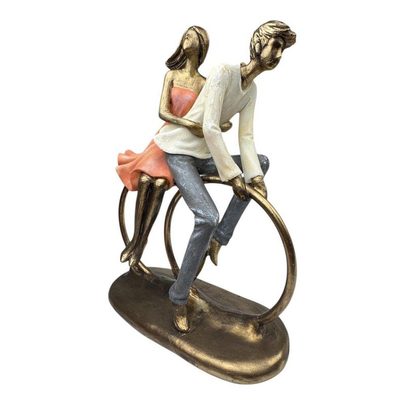 Figura Decorativa de Pareja en Bicicleta en Poliresina y Piedra 23.5 Cm Tono Bronce y Durazno