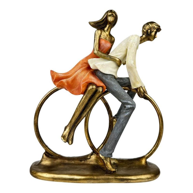 Figura Decorativa de Pareja en Bicicleta en Poliresina y Piedra 23.5 Cm Tono Bronce y Durazno