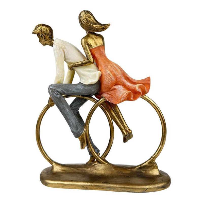 Figura Decorativa de Pareja en Bicicleta en Poliresina y Piedra 23.5 Cm Tono Bronce y Durazno