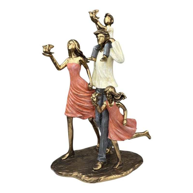 Figura Decorativa de Familia de 4 Miembros en Poliresina y Piedra 29.5 Cm Tono Bronce y Durazno