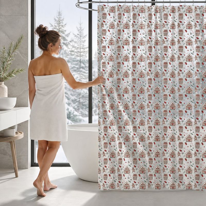 Set de Cortina de Baño con Diseño de Casitas Navideñas con Liner y 12 Ganchos