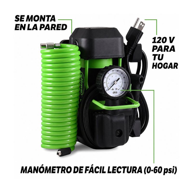 Inflador de Llantas 120V con Medidor de Presión y Kit de Accesorios