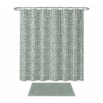 Set de Cortina de Baño con Ganchos y Alfombra Diseño Botánico Color Verde 14 Piezas