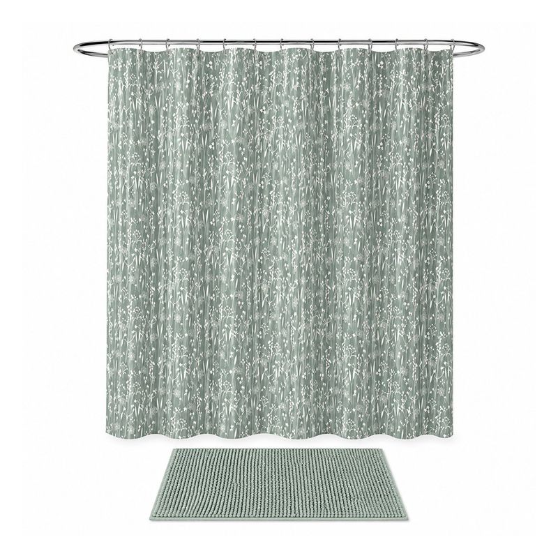Set de Cortina de Baño con Ganchos y Alfombra Diseño Botánico Color Verde 14 Piezas