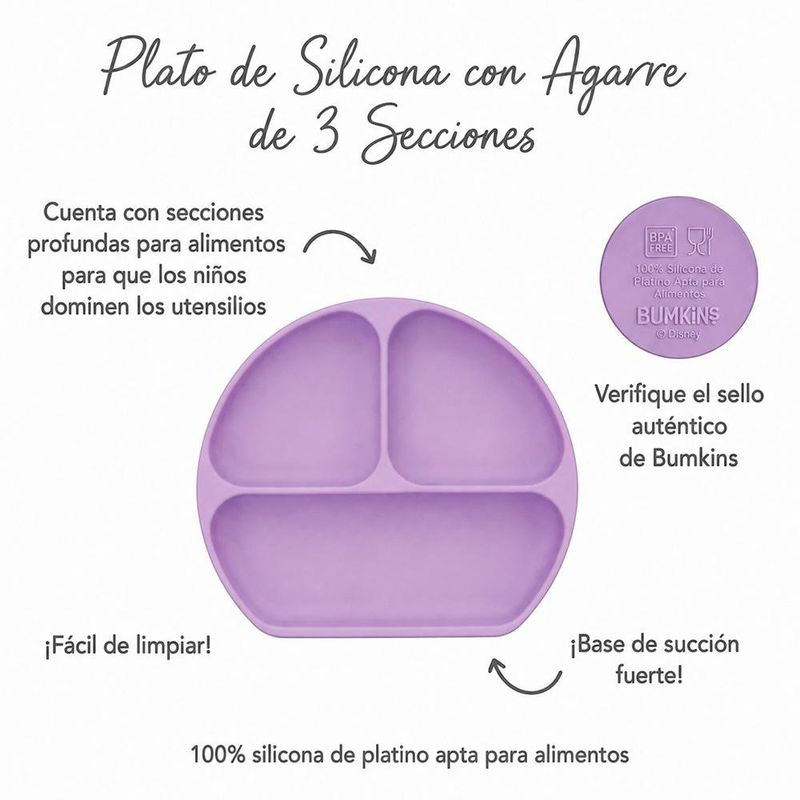 Plato de 3 Secciones para Bebé de Silicona con Tapa y Base con Succión Color Morado Lavanda