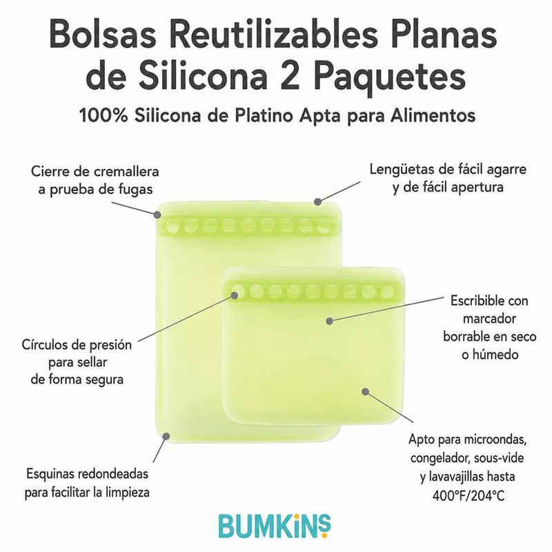 Bolsas Reutilizables Planas de Silicona con Cierre Hermético Color Verde, 2 Unidades