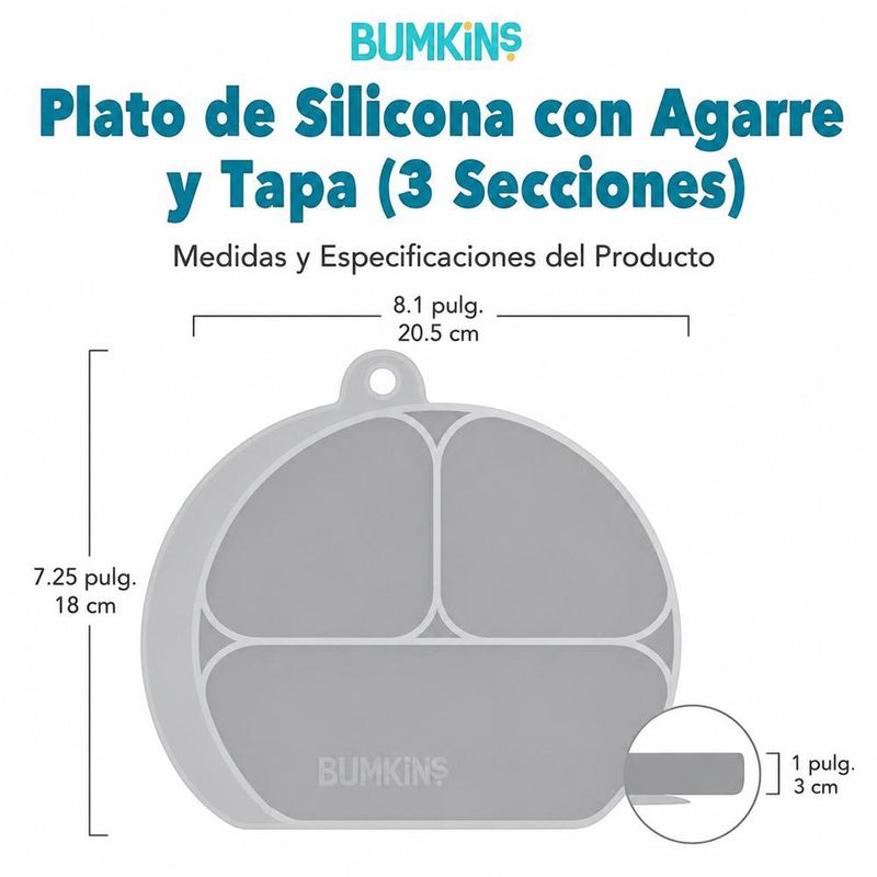 Plato de 3 Secciones para Bebé de Silicona con Tapa y Base con Succión Color Gris