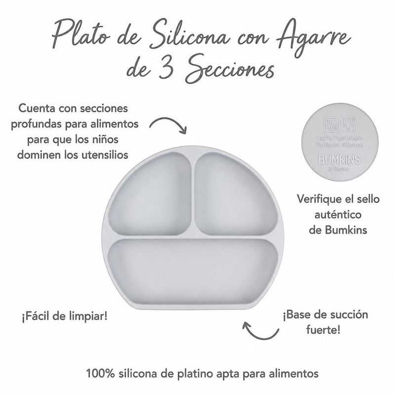 Plato de 3 Secciones para Bebé de Silicona con Tapa y Base con Succión Color Gris