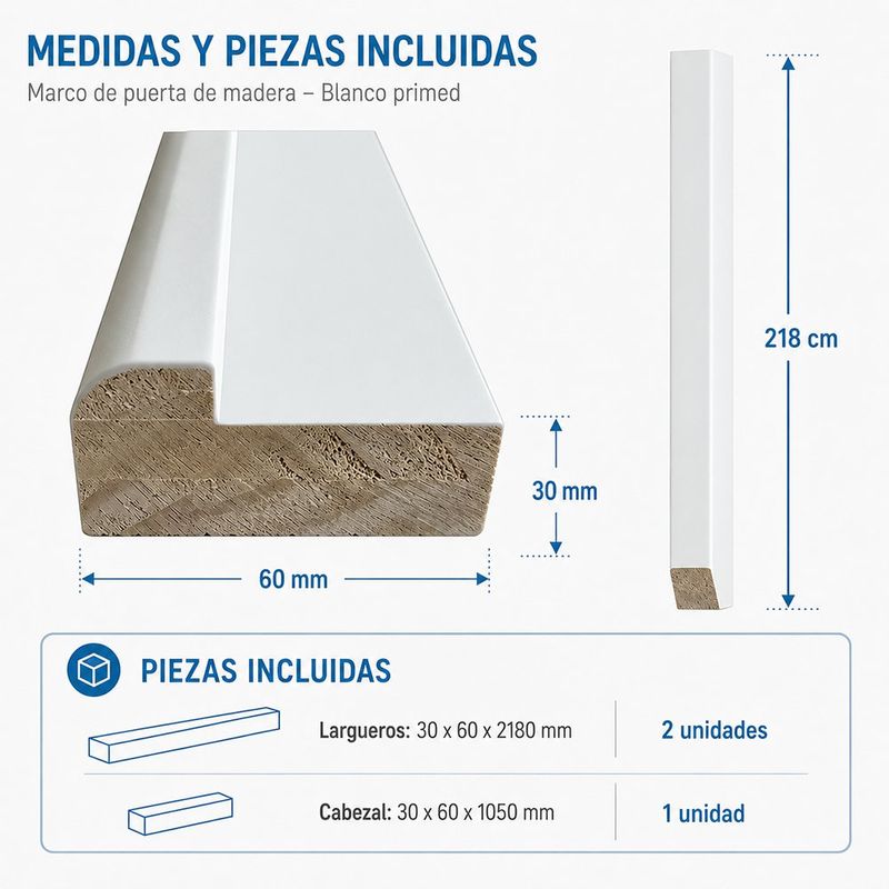 Marco de Pino Finger Joint Blanco Primed para Puerta 30 x 60 mm