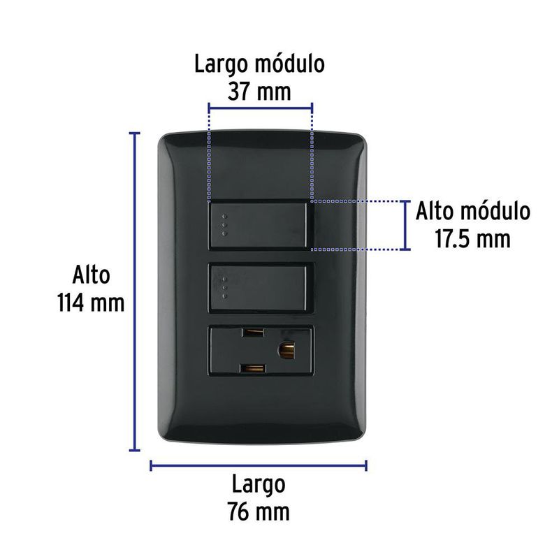 Interruptor Doble + Tomacorriente Italiano Negro 15 A