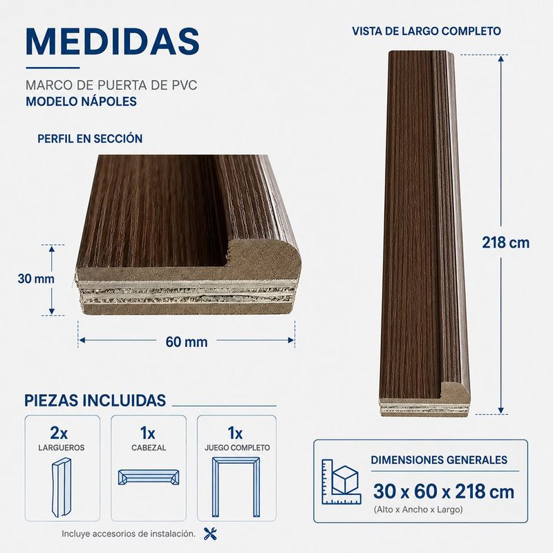 Marco para Puerta de MDF con Acabado PVC Nápoles 30 x 60 x 218 cm