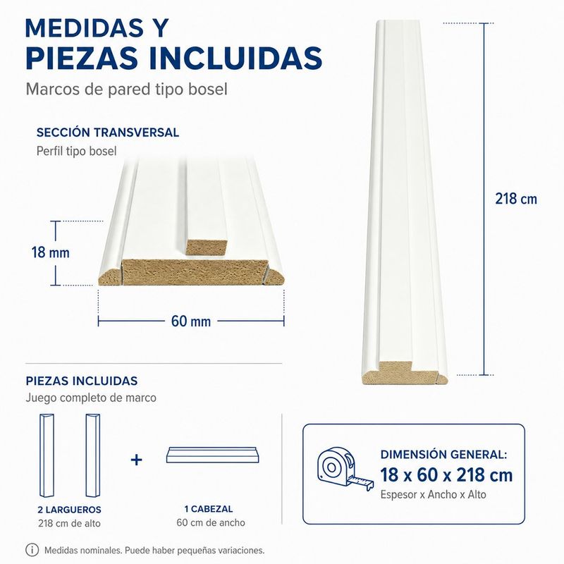Marco para Puerta de MDF Blanco Primed Bosel 18 x 60 x 218 cm