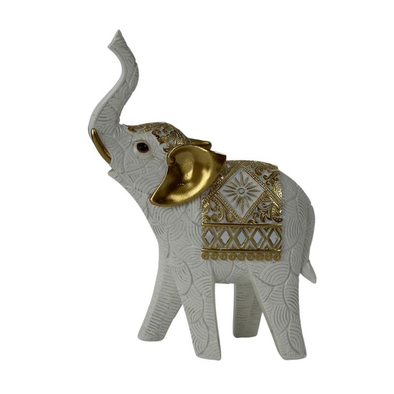 Figura Decorativa Elefante con Trompa Elevada 15.5 x 7 x 22.5 Cm Color Blanco y Dorado
