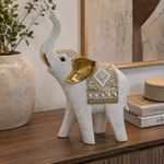 Figura Decorativa Elefante con Trompa Elevada 15.5 x 7 x 22.5 Cm Color Blanco y Dorado