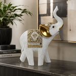 Figura Decorativa Elefante Derecho con Trompa Elevada 25 x 11 x 33.5 Cm Color Blanco y Dorado