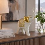 Figura Decorativa Elefante Derecho con Trompa Elevada 20.5 x 8.5 x 28.5 Cm Color Blanco y Dorado