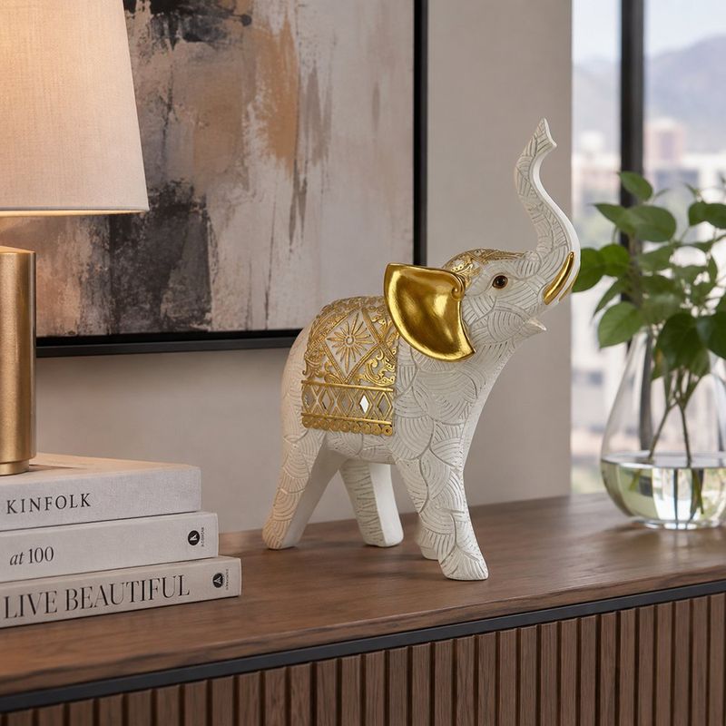 Figura Decorativa Elefante Derecho con Trompa Elevada 20.5 x 8.5 x 28.5 Cm Color Blanco y Dorado