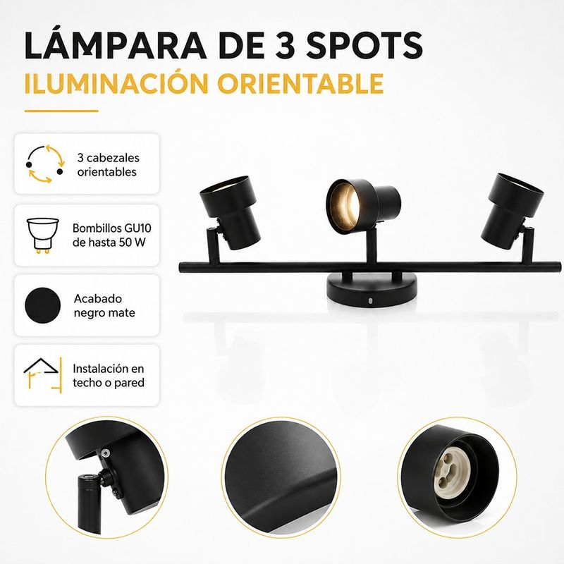 Lámpara Spot para Techo y Pared de 3 Luces GU10 hasta 50 W con Cabezales Orientables Negro Mate