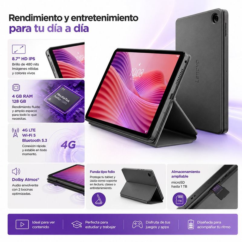 Tablet Lenovo Tab One 8.7 Plg 4 GB RAM 128 GB con Funda Tipo Soporte Gris