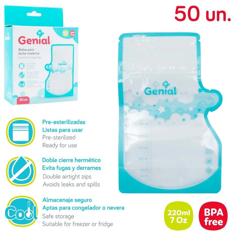 Bolsas para Almacenar Leche Materna Pre-esterilizadas con Doble Cierre 220 mL, 50 Unidades