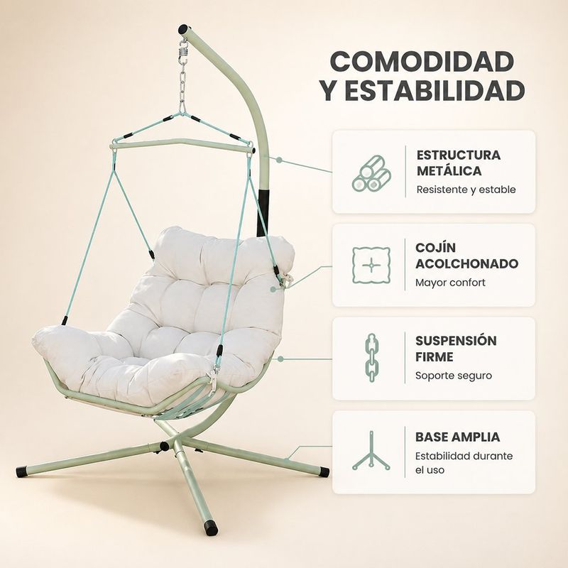 Sillón Columpio Individual con Cojín Acolchonado y Estructura Metálica Color Beige