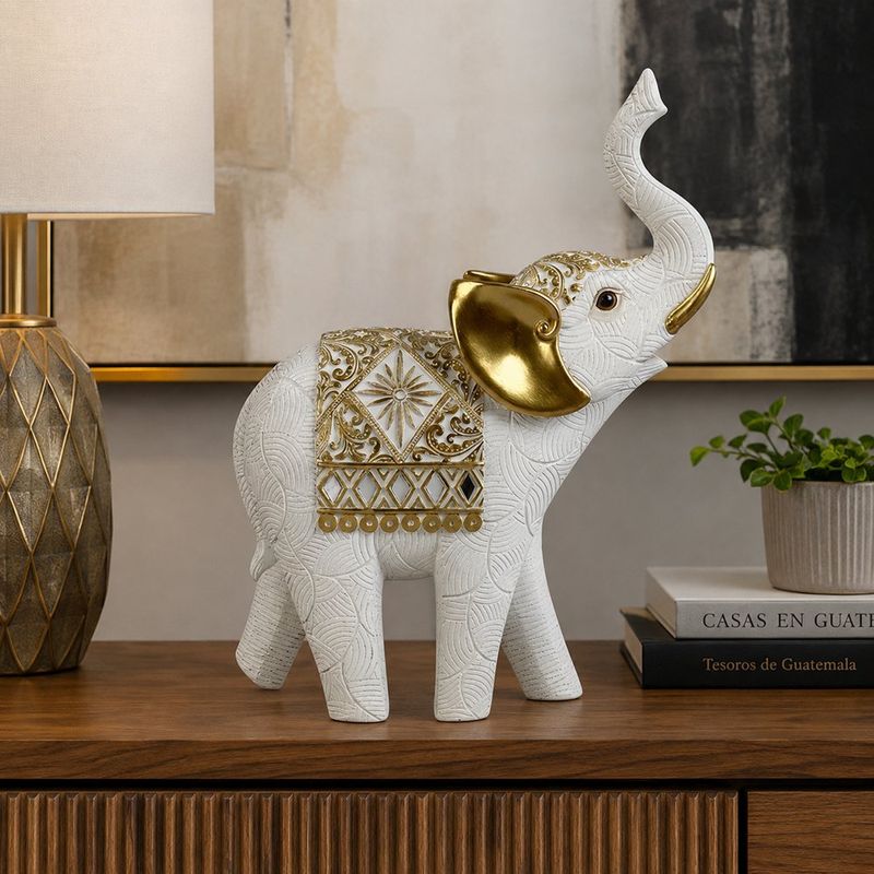 Figura Decorativa Elefante Derecho con Trompa Elevada 25 x 11 x 33.5 Cm Color Blanco y Dorado