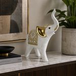 Figura Decorativa Elefante Derecho con Trompa Elevada 20.5 x 8.5 x 28.5 Cm Color Blanco y Dorado
