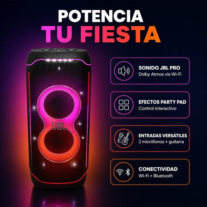 Bocina Tipo Torre PartyBox Ultimate 1100 W con Luces, Wi-Fi, Bluetooth y Resistente a Salpicaduras Negro
