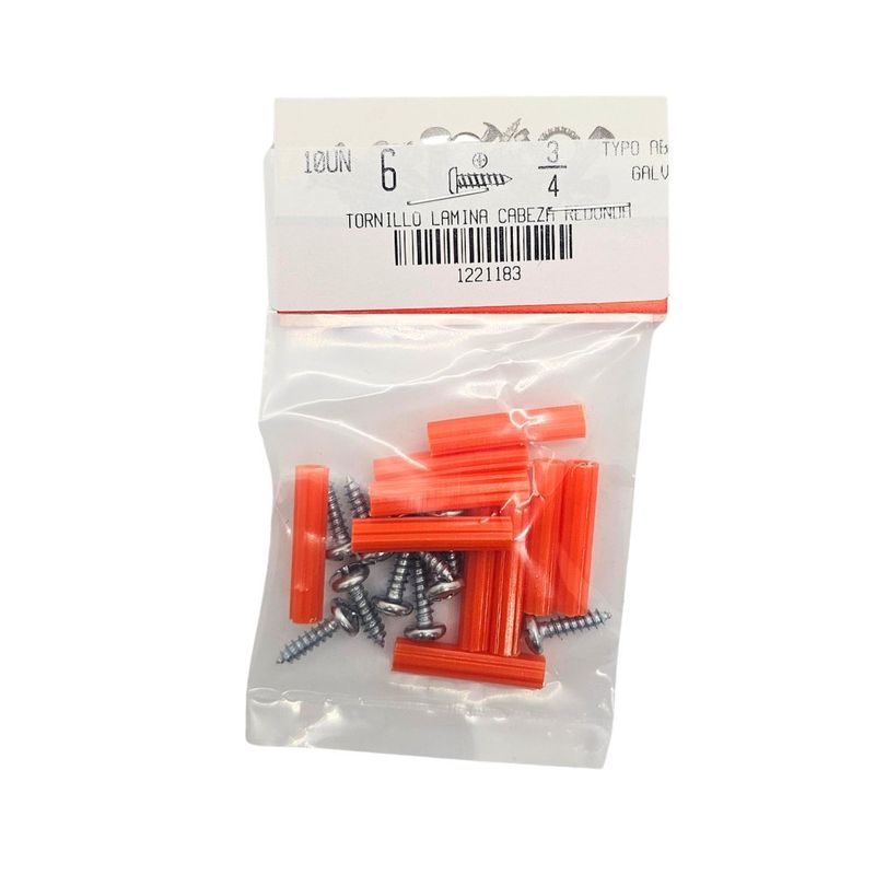 Kit de Tornillos para Lámina #6 x 3/4 Plg con Tarugos 10 Unidades