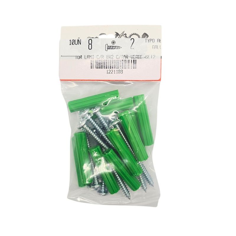 Kit de Tornillos para Lámina #8 x 2 Plg con Tarugos Verdes 10 Unidades