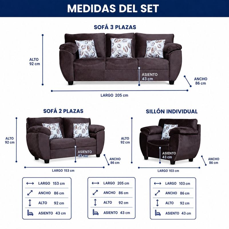 Sala 3-2-1 Milenia para 6 Personas Color Café con Cojines Decorativos, 3 Piezas