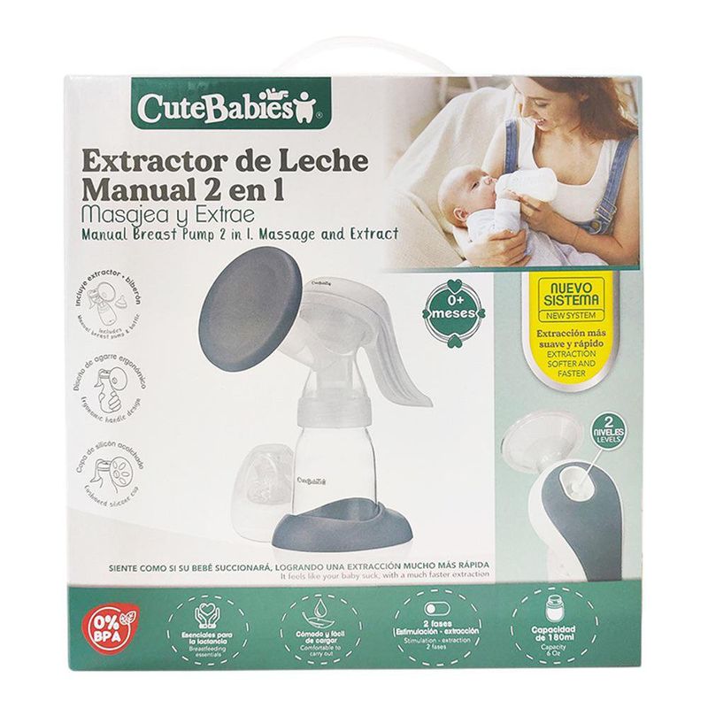 Extractor de Leche Manual 2 en 1 con 2 Niveles, Copa de Silicona y Biberón de 180 mL