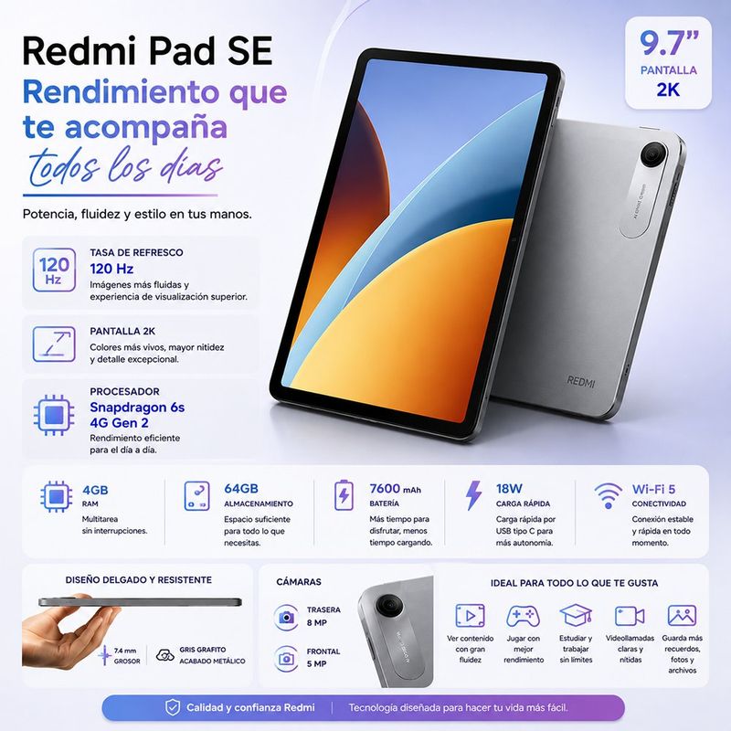 Tablet Redmi Pad 2 de 9.7 Plg 4GB RAM 64GB Color Gris Grafito
