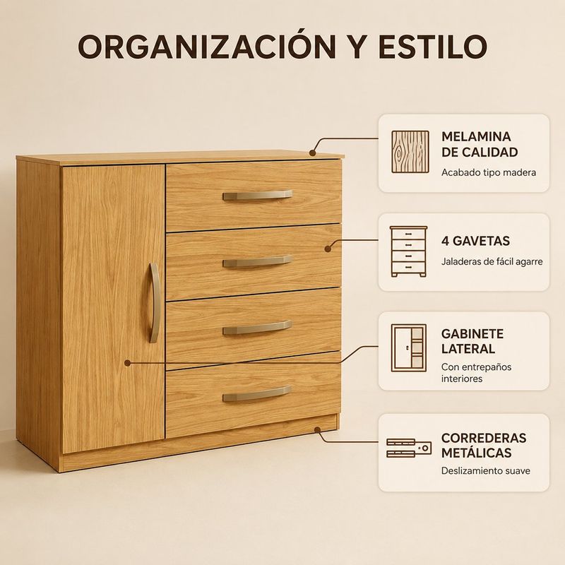 Gavetero con 4 Gavetas, 1 Puerta Lateral y Correderas Metálicas Color Café
