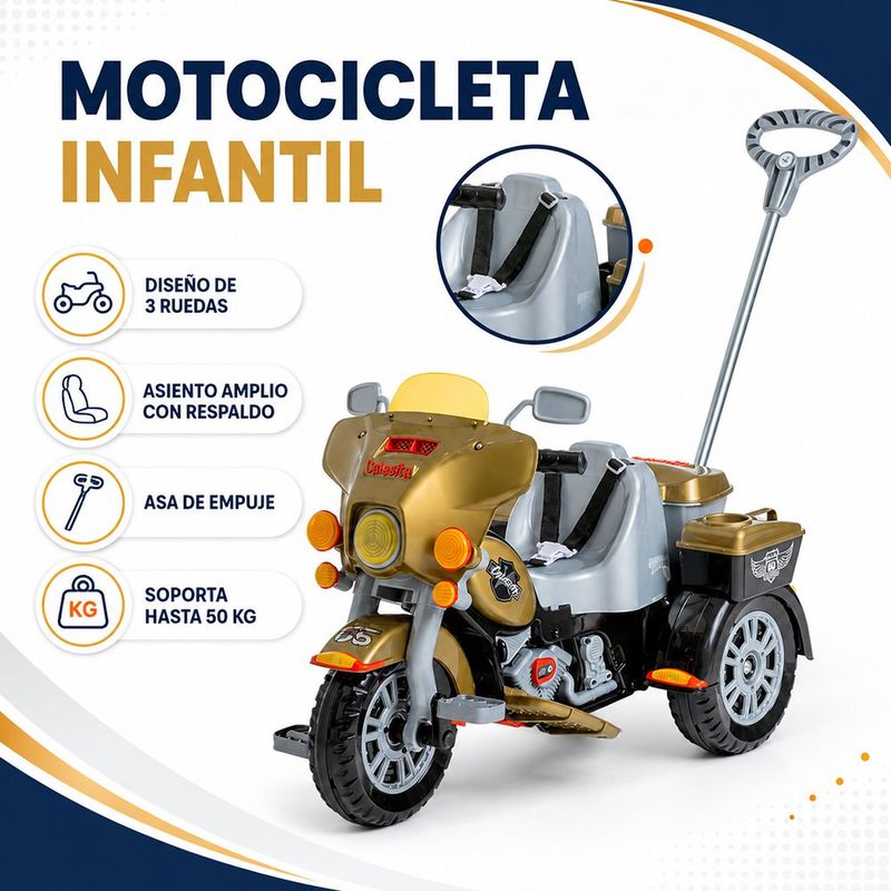 Motocicleta Infantil Tipo Triciclo con Asiento Amplio, Respaldo y Asa de Empuje,