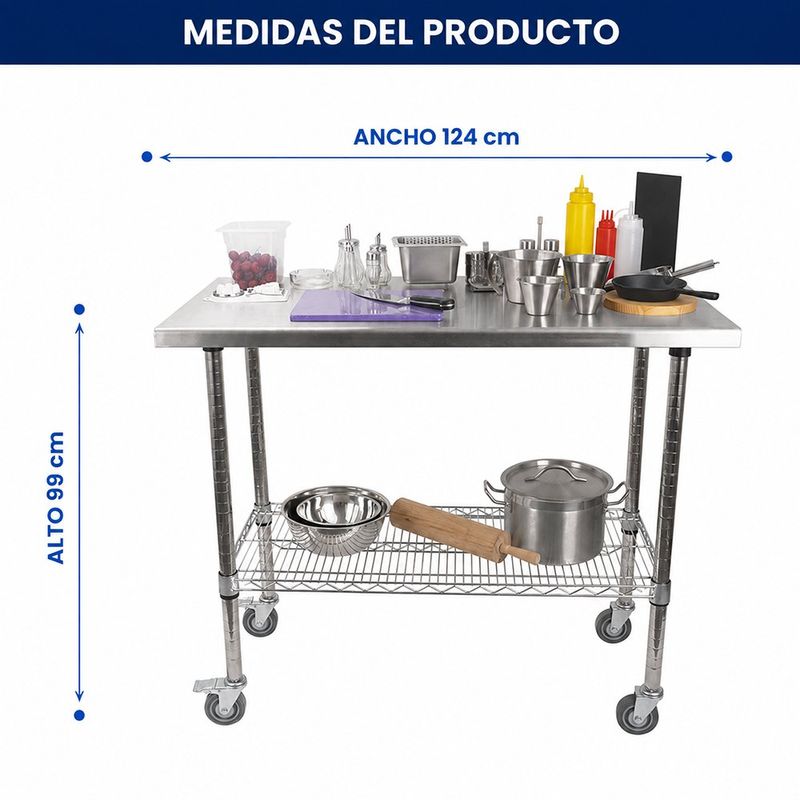 Mesa de Trabajo de Acero Inoxidable con Ruedas y Entrepaño Inferior 124 x 61 x 99 Cm