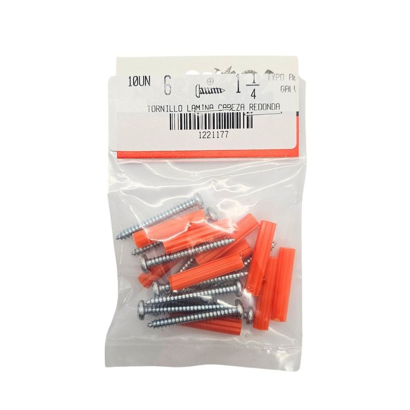 Kit de Tornillos para Lámina #6 x 1 1/4 Plg con Tarugos 10 Unidades