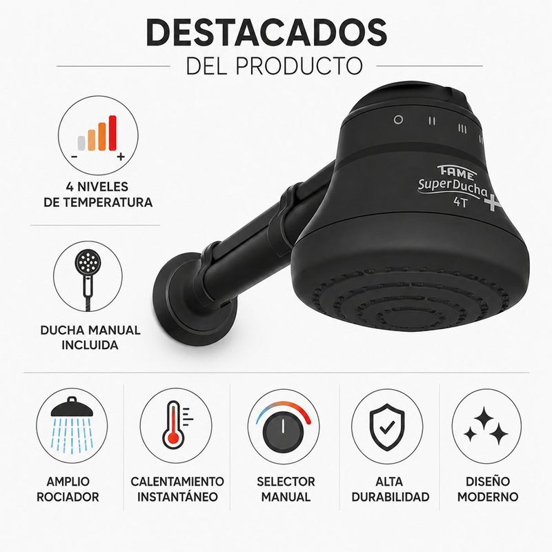 Calentador de Ducha Eléctrico Combo 4 Temperaturas Color Negro