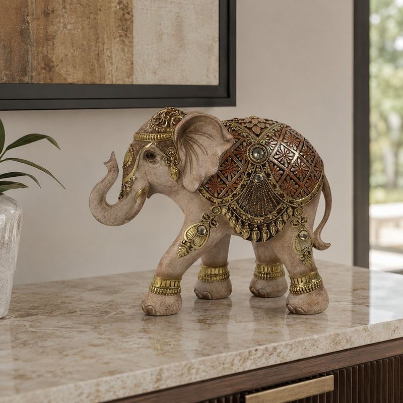 Figura Decorativa Elefante Izquierdo con Ornamentos 26.5 x 11 x 22.5 Cm Color Café y Dorado