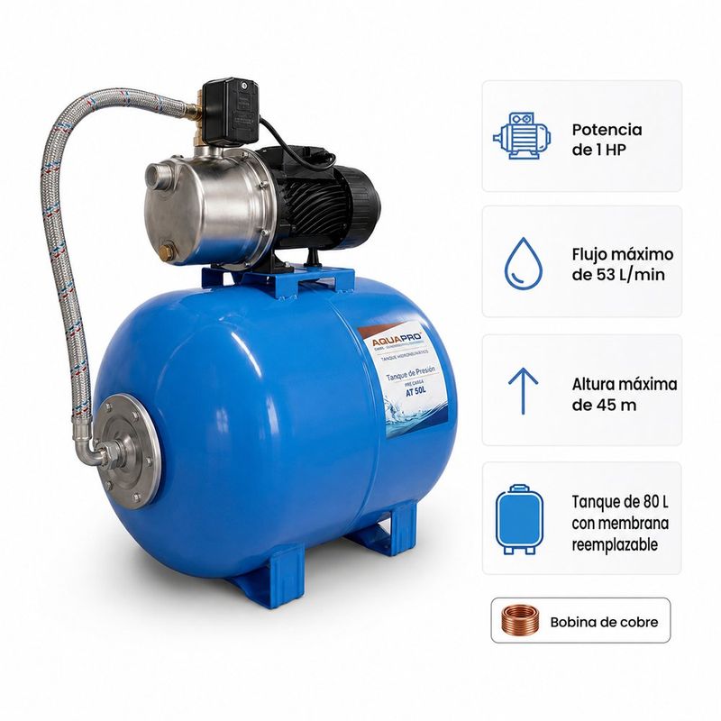 Bomba de Agua con Tanque 1 HP 45 M Altura 53Lts/min 80 L