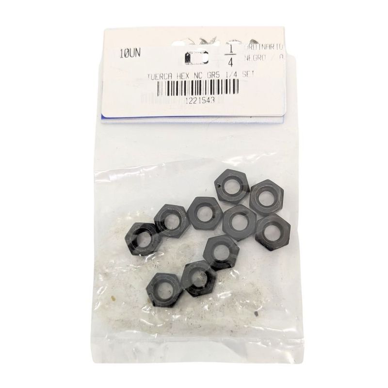 Tuerca Hexagonal de Acero Grado 5 Negro NC 1/4 Plg 20 Hilos Bolsa con 10 Piezas