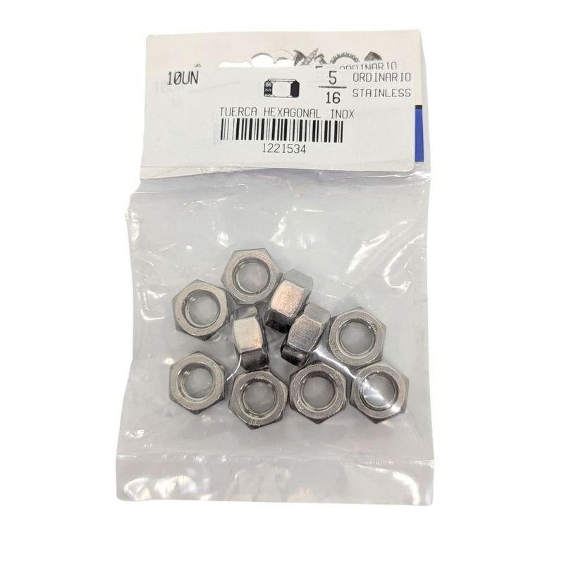 Tuerca Hexagonal de Acero Inoxidable NC 5/16 Plg 18 Hilos Bolsa con 10 Piezas