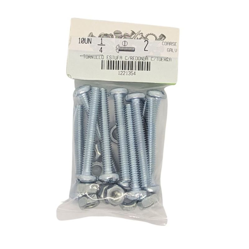 Tornillos Tipo Estufa Galvanizados con Cabeza Redonda de 1/4 x 2 Plg y Tuerca en Bolsa de 10 Unidades