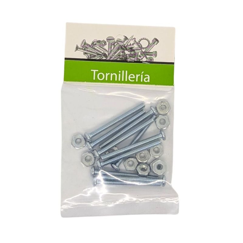 Tornillos Tipo Estufa Galvanizados con Cabeza Redonda de 1/4 x 2 Plg y Tuerca en Bolsa de 10 Unidades