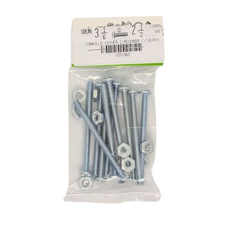 Tornillos Tipo Estufa Galvanizados con Cabeza Redonda 5/32 x 1 Plg y Tuerca 10 Unidades