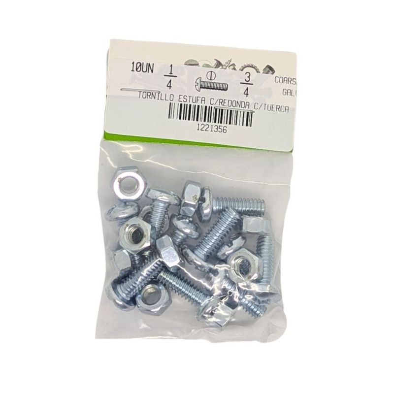 Tornillos Tipo Estufa Galvanizados Cabeza Redonda 1/4 x 3/4 Plg con Tuerca 10 Unidades