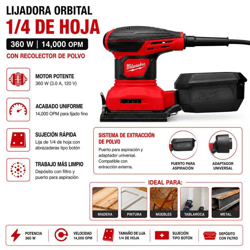 Lijadora Orbital de 1/4 de Hoja 360 W 14,000 OPM con Recolector de Polvo